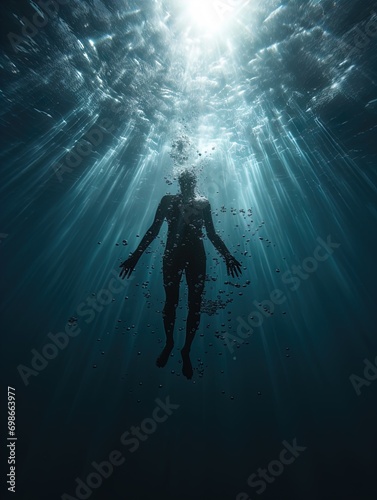 A body suspended in the ocean with rays of light shining on it. Great for stories of crime, murder, horror, mystery, danger and more. 