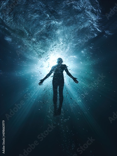 A body suspended in the ocean with rays of light shining on it. Great for stories of crime, murder, horror, mystery, danger and more. 