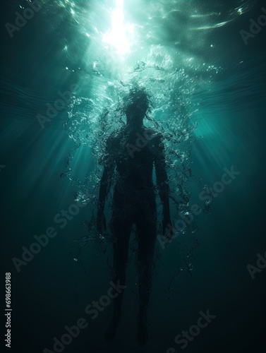 A body suspended in the ocean with rays of light shining on it. Great for stories of crime, murder, horror, mystery, danger and more. 