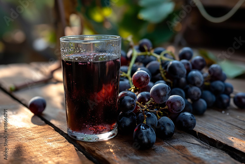 Black grape juice in a glass on a wooden table
