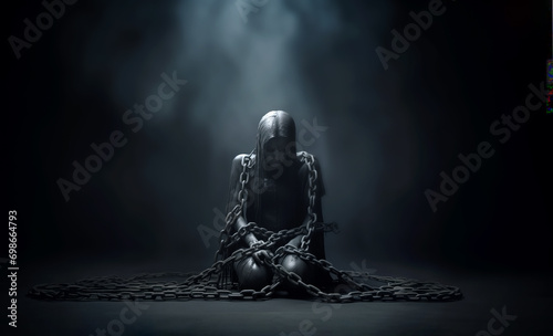 Fényképezés A dramatic portrayal of A figure sitting in the dark bound by heavy chains, symb