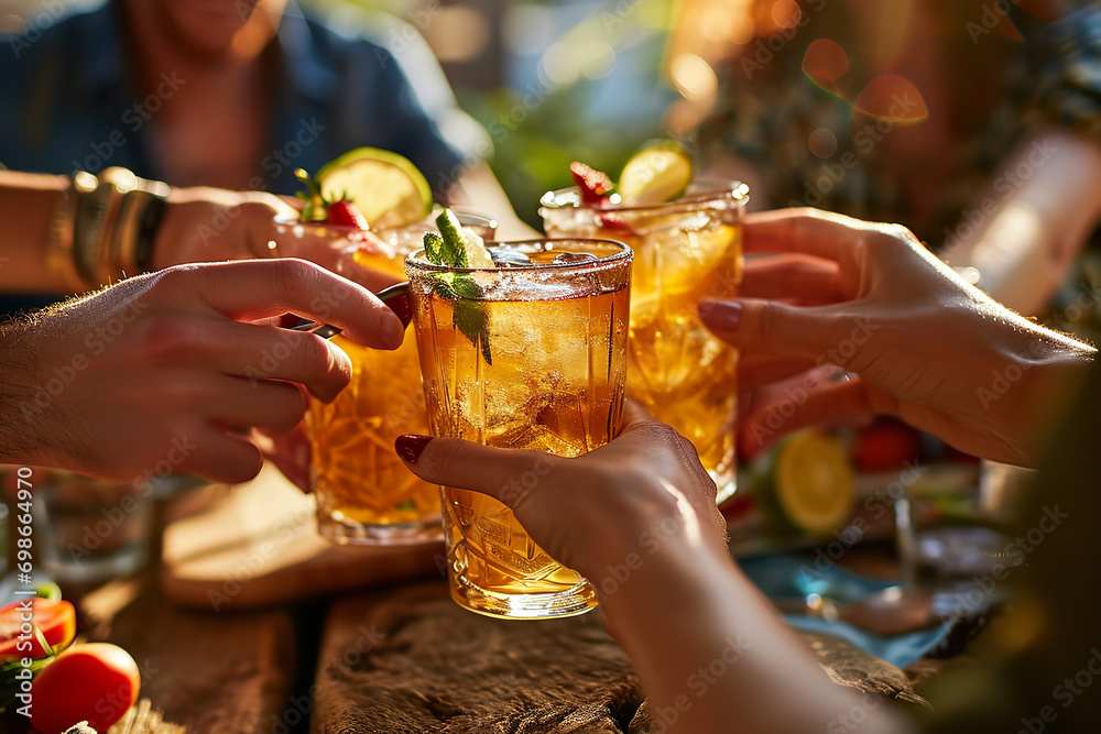 Close up photography of A group of friends toasting with Long Island Ice Tea