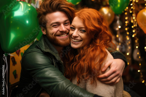 Red-haired woman and her red-haired boyfriend, both adorned in festive St. Patrick's Day attire