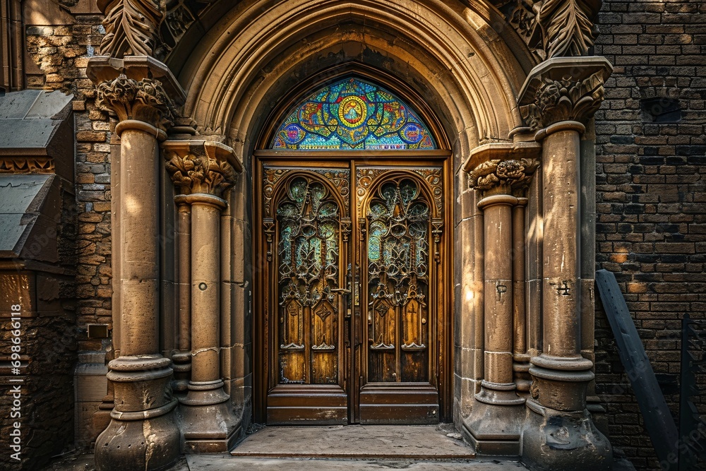 An ornate wooden door with stained glass windows