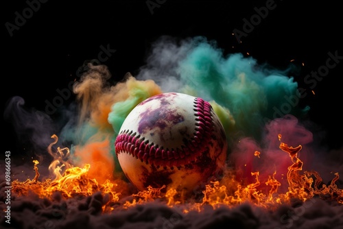 Baseball spectacle Colorful ball pops against a mysterious, smoky background photo