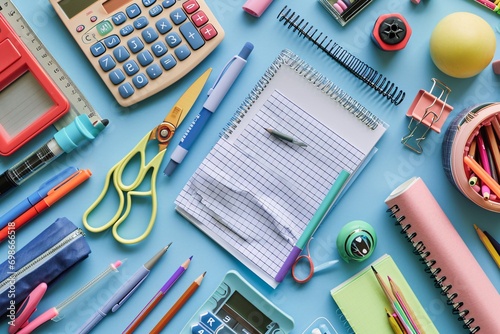 Various School Supplies on a Blue Table photo
