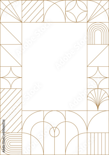 Art deco frame and patterned background. Vintage linear template for wedding invitations, leaflets and greeting cards. 
