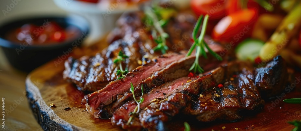 Grilled beef brisket flat steak closeup on table. Grilled beef brisket flat steak closeup on table.