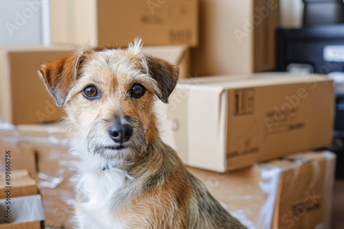 A dog sitting in front of boxes © Satyam