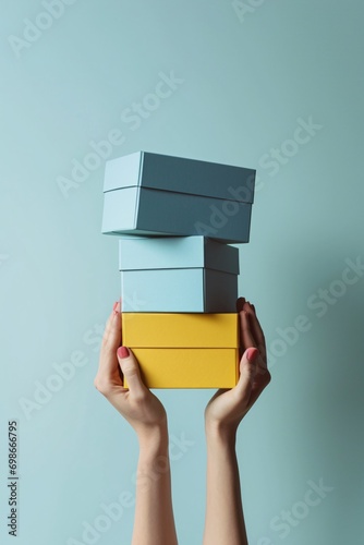 A person holding a stack of blue and yellow boxes. photo