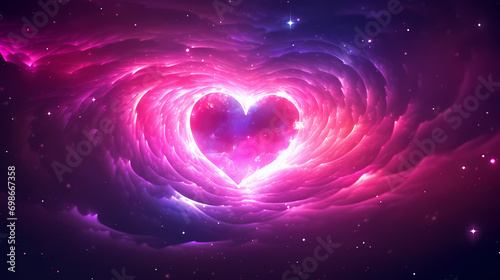 Radiant hearts glowing in vibrant pink and purple tones against cosmic background, Valentine's Day background0 photo