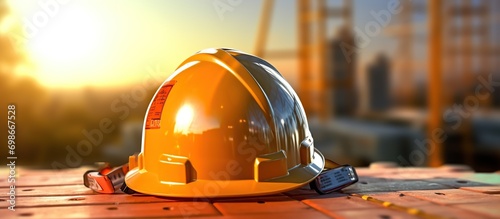 construction safety equipment helmet on construction site orange sun background photo