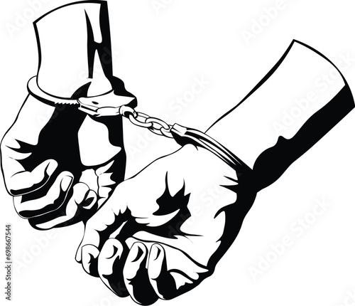 Cartoon Black and White Isolated Illustration Vector Of 2 Hands in Handcuffs