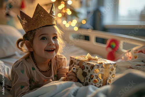 niña enferma ingresada en la cama de un hospital sosteniendo un muñeco de  peluche y un paquete regalo en sus manos, llevando una corona dorada en su cabeza, concepto reyes magos, cumpleaños photo