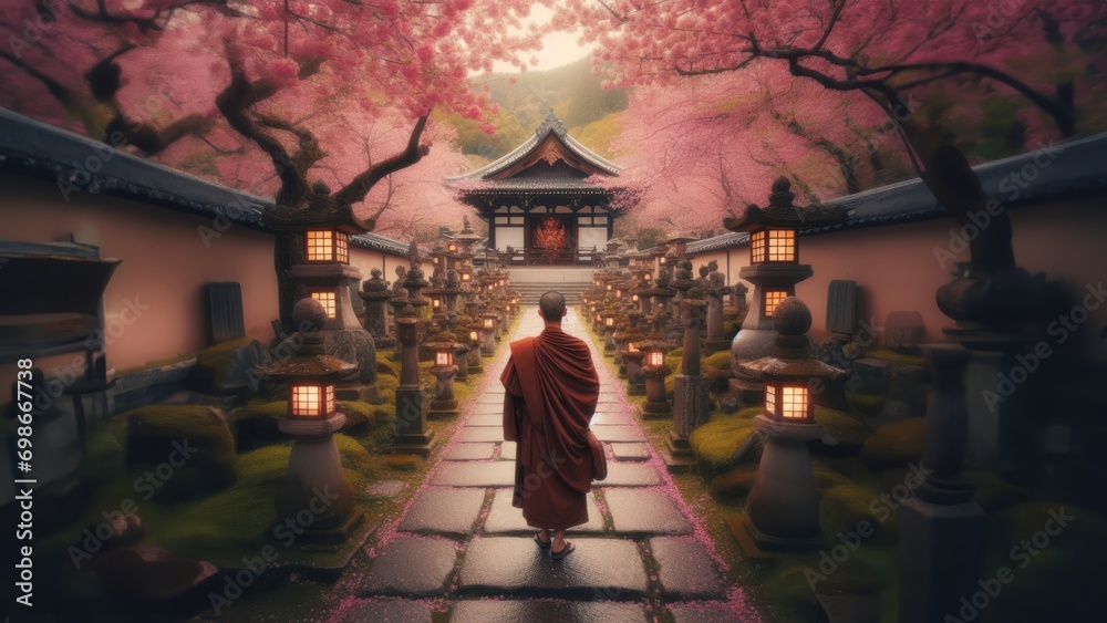 Rear View of Buddhist Monk Walking Under Cherry Blossom Tree