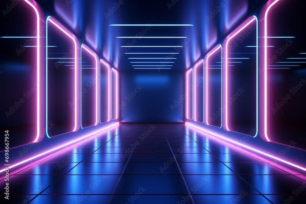 Neon lit space in captivating blue and pink hues, futuristic ambiance