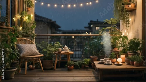 Bohemian Japanese Cozy outdoor balcony with plants and coffee table with tea night time with rain falling. seamless time lapse looping virtual 4k video animation background. Generated with AI photo