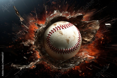 Creative design potential Baseball smashes through a broken window