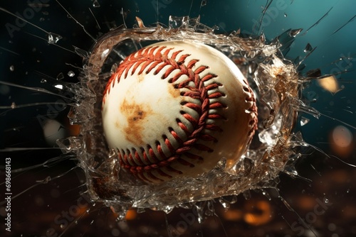 Creative design potential Baseball smashes through a broken window