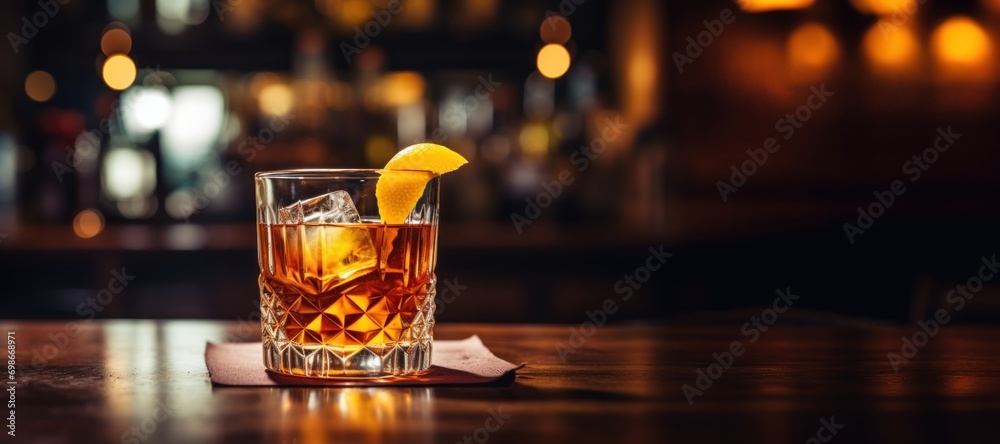 an old fashioned glass of whiskey sitting on and old fashioned wooden bar
