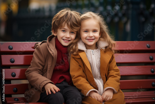 two happy children sitting on bench