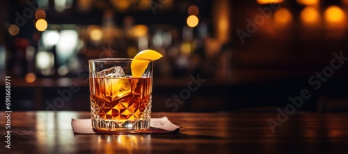 an old fashioned glass of whiskey sitting on and old fashioned wooden bar