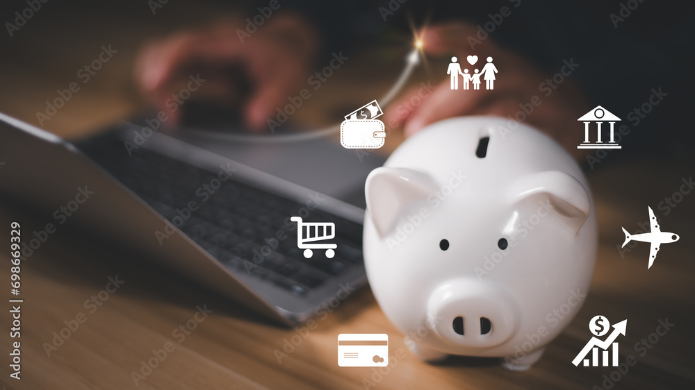 Businessman and piggy bank, planning concept for saving money for family, depositing money, shopping, buying, selling, traveling. Loan, Financial, save money, and business. - obrazy, fototapety, plakaty 