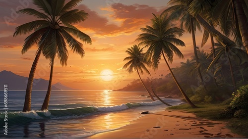 Photorealistic Seascape with Palm Trees Bathed in Warm Hues.