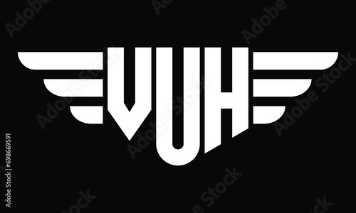 VUH three letter logo, creative wings shape logo design vector template. letter mark, word mark, monogram symbol on black & white. photo