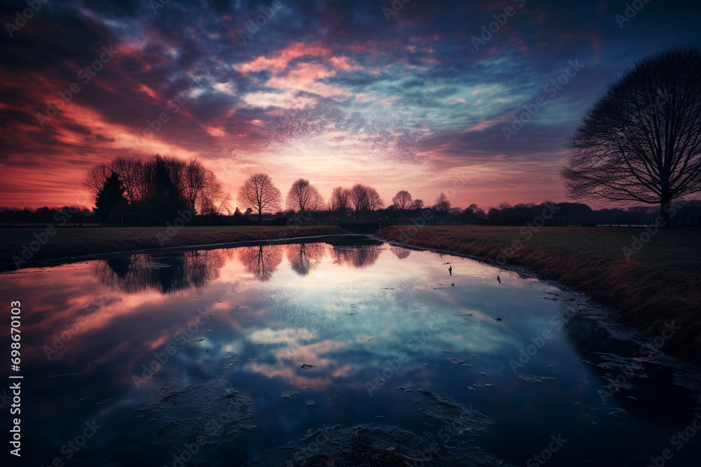 A serene pond reflecting an Eye of Horus patterned sky