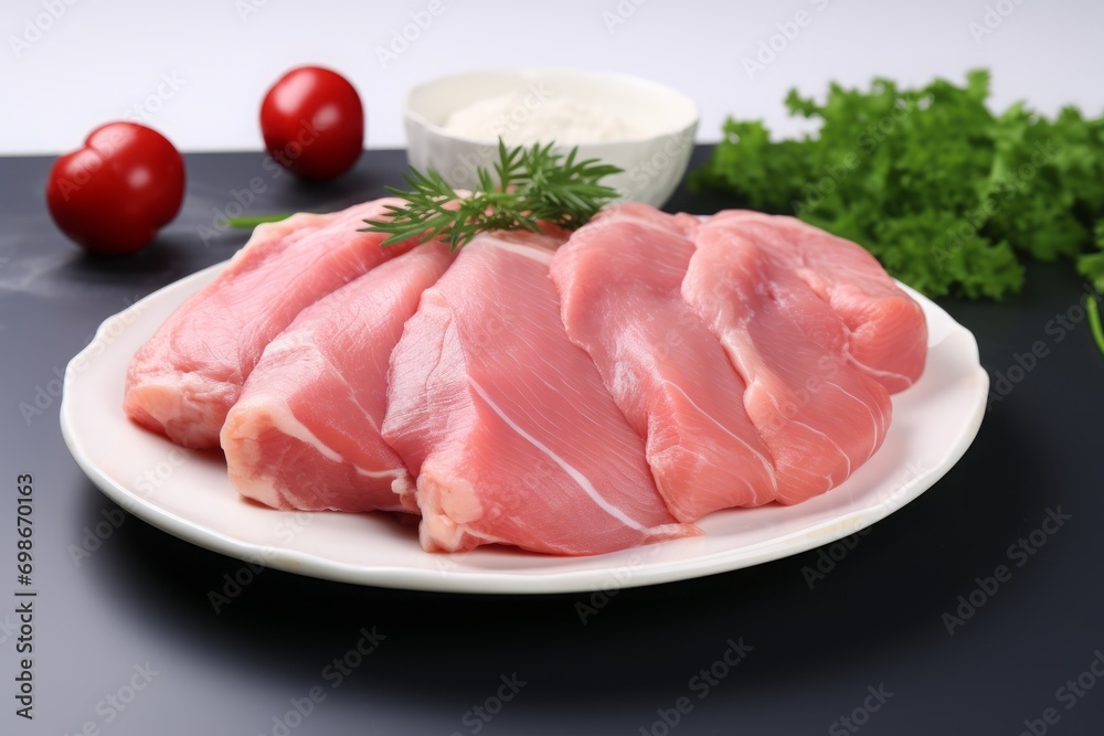 raw poultry meat, fillet pieces on the kitchen table. cooking at home.