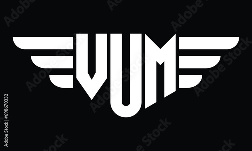 VUM three letter logo, creative wings shape logo design vector template. letter mark, word mark, monogram symbol on black & white. photo