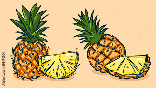 Set of Pineapple fruit, Vector illustration in one line sketch style, flat hand drawn sketch, Colorful fruit with shadow and light, isolated on colored background.