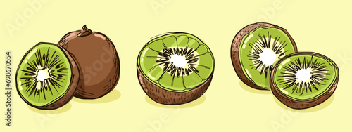 Set of Kiwi fruit, Vector illustration in one line sketch style, flat hand drawn sketch, Colorful fruit with shadow and light, isolated on colored background.