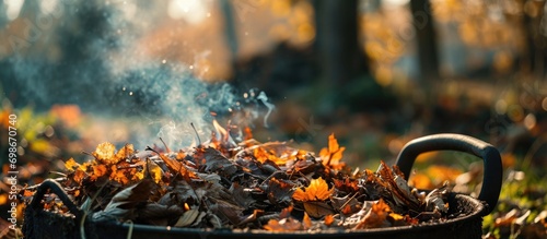Autumn garden sanitation: burning sick leaves in a metal barrel, with selective focus. photo