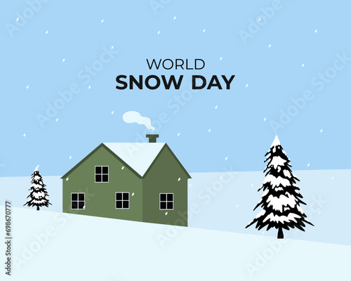 World Snow Day text banner, 
poster and card.  Web banner winter view with pine tree. Vector illustration. Holiday concept.
