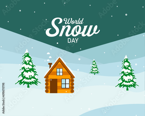 World Snow Day text banner, 
poster and card.  Web banner winter view with pine tree. Vector illustration. Holiday concept.
