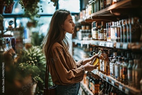 A woman shopping for olive oil in a grocery store. photo