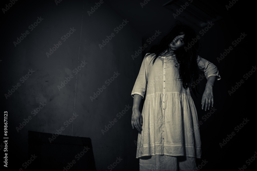 Portrait of asian woman make up ghost,Scary horror scene for background,Halloween festival concept,Ghost movies poster,angry spirit in the apartment