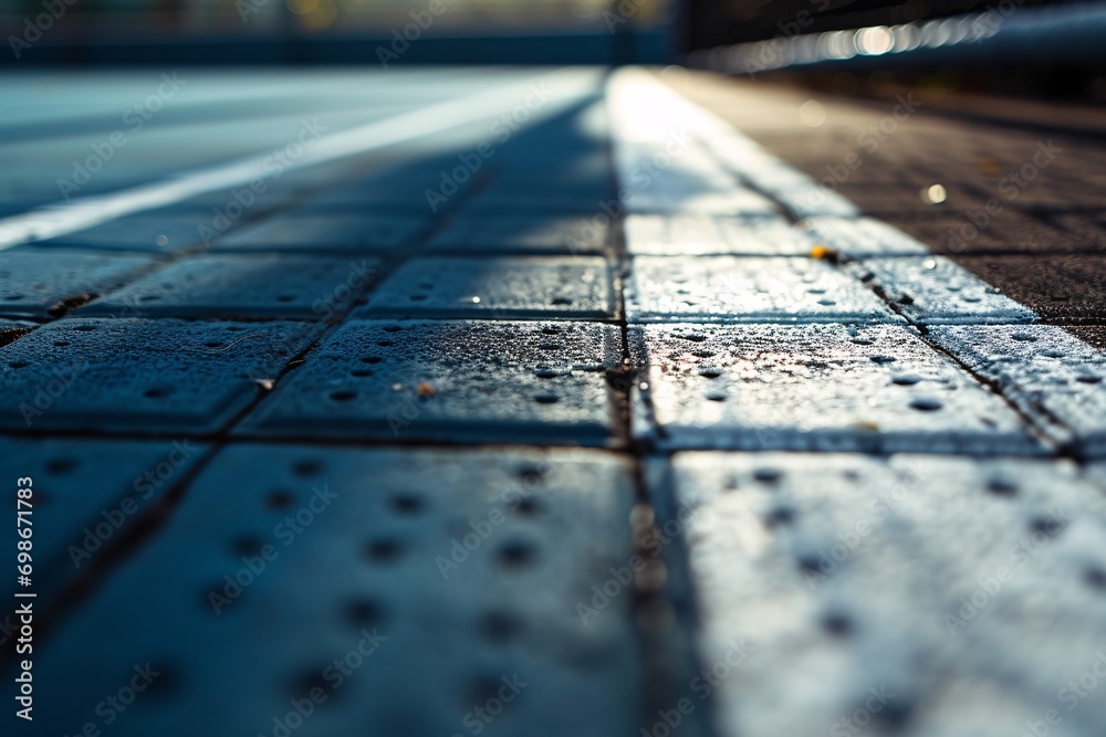 A sidewalk with a blue tiled surface and a shadow cast by the sun.