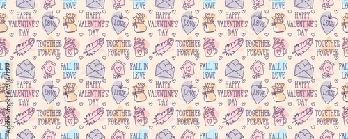 Valentines Day doodle style candy color seamless pattern, hand-drawn love theme icons and quotes cute background. Romantic mood collection.