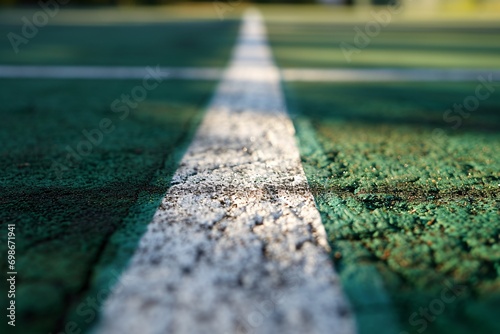 A tennis court with a white line