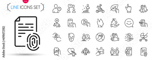 Pack of Education, Loan percent and Stats line icons. Include Wash hands, Mobile like, Click hand pictogram icons. Baby carriage, Scroll down, Clapping hands signs. Dont touch. Vector