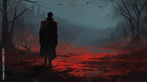 A man in a black coat walking through a red forest