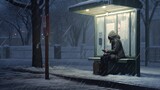 Woman sitting on a bench in the snow