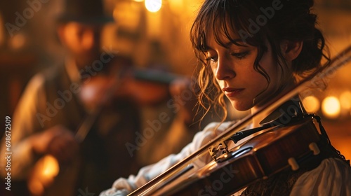 A woman playing a violin in a dimly lit room