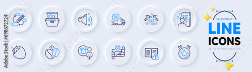 Delivery discount, Map and Survey line icons for web app. Pack of User notification, Keywords, Dishwasher pictogram icons. Strawberry, Ranking star, Coffee beans signs. Ole chant. Vector