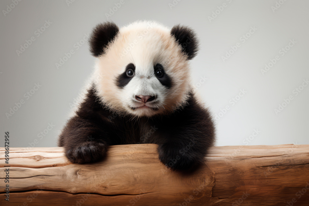 Naklejka premium panda, cute bear cub, close-up portrait on a studio gray background.