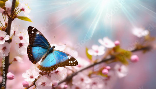 Close up of a blue butterfly perched on a pink cherry blossom, illuminated by soft sunlight, displays the beauty of spring