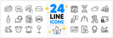 Icons set of English, Interview and Eco bike line icons pack for app with Growth chart, Payment method, Market seller thin outline icon. Card, Bribe, Scotch bottle pictogram. Time. Vector